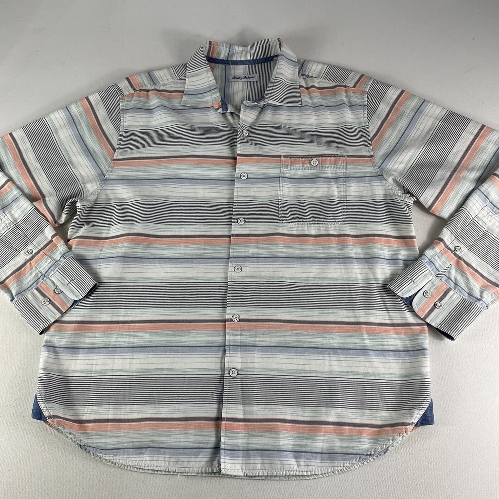 Tommy Bahama Button Down‎ Shirt Mens Large Tencel Cotton Striped Southwestern